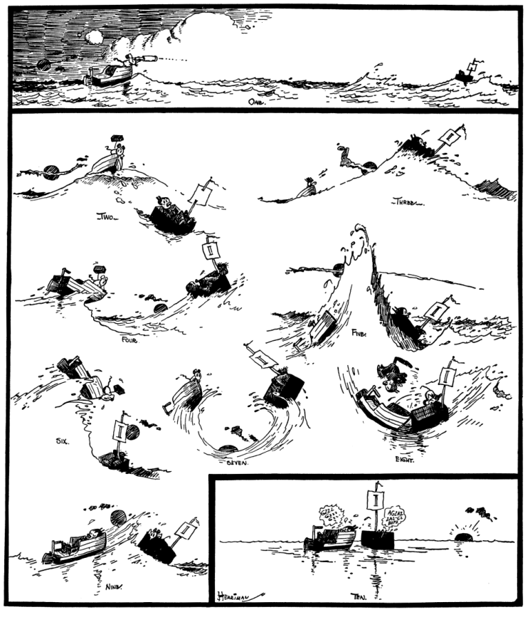 Outro exemplo da obsessão de Ignatz (setembro de 1916). Note a ausência de molduras nos painéis e como o movimento das ondas conduz o olho do leitor.