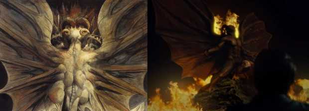 Todos saúdem o dragão. À esquerda, o Grande Dragão Vermelho de Blake. À direita, Dolarhyde alucina.